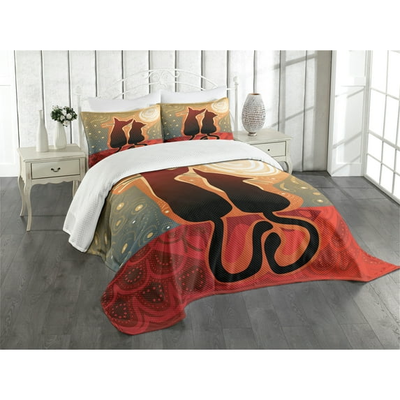 Ambesonne Cat Quilted Bedspread Set 3 Pcs, Moon in a Starry Sky Love, King Size, Sage Green Orange