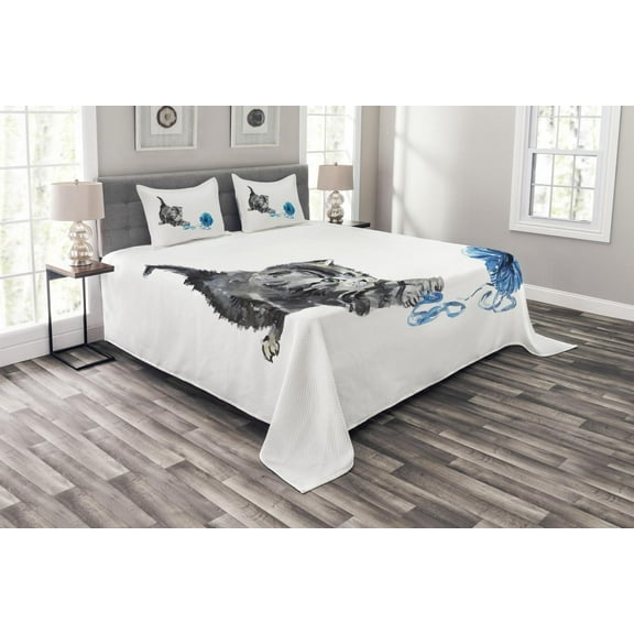 Ambesonne Cat Quilted Bedspread Set 3 Pcs, Playful Kitten Furry, King Size, Grey Blue