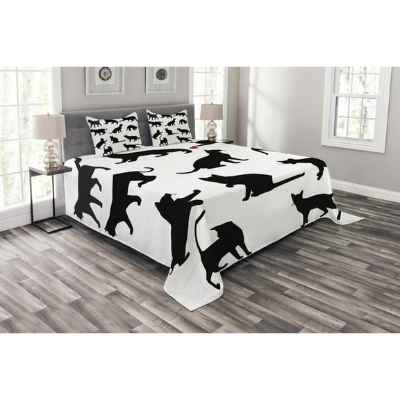 Ambesonne Cat Quilted Bedspread Set 3 Pcs, Red Ball Animal Pet Kittens, King Size, Vermilion Black