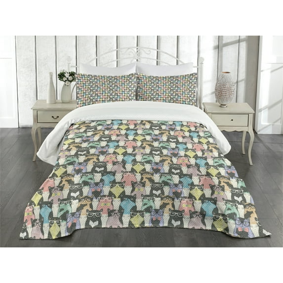 Ambesonne Cat Quilted Bedspread Set 3 Pcs, Retro Hipster Bow Ties, Queen Size, Multicolor