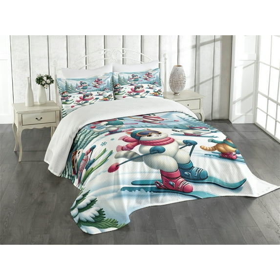 Ambesonne Cat Quilted Bedspread Set 3 Pcs, Snowy Cartoon Skiing Kitties, King Size, Pale Blue Raspberry White