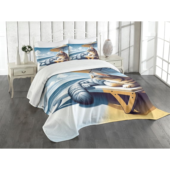 Ambesonne Cat Quilted Bedspread Set 3 Pcs, Sunbathing Kitten Seaside Shore, King Size, Blue Pale Mustard