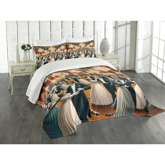 Ambesonne Cat Quilted Bedspread Set 3 Pcs, Waltz Dancing Kitty Couples, Queen Size, Petrol Blue and Orange