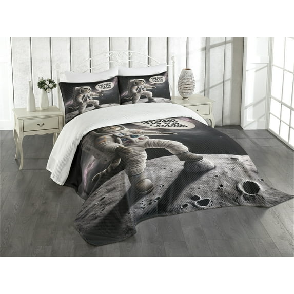 Ambesonne Cat Quilted Bedspread Set 3 Pcs, Whimsical Astronaut Kitty Moon, King Size, Dark Purple Grey Coconut