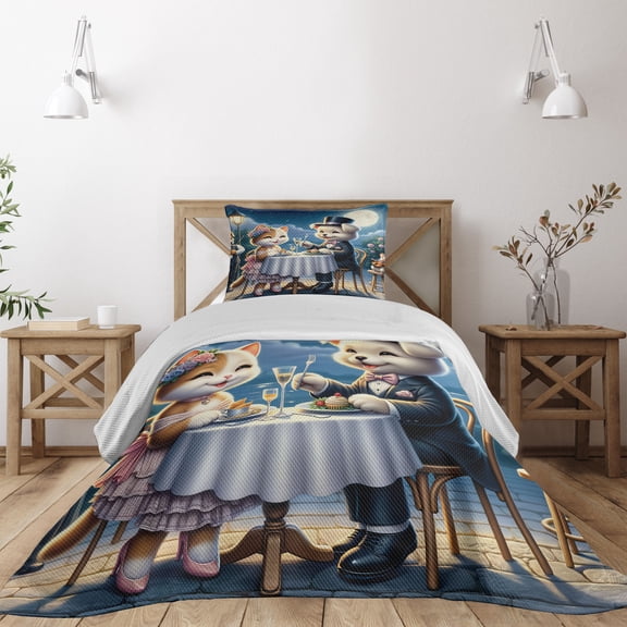 Ambesonne Cat Quilted Coverlet 2 Pcs, Gentleman Puppy Kitty Lady Date, Twin Size, Night Blue Rose Apricot