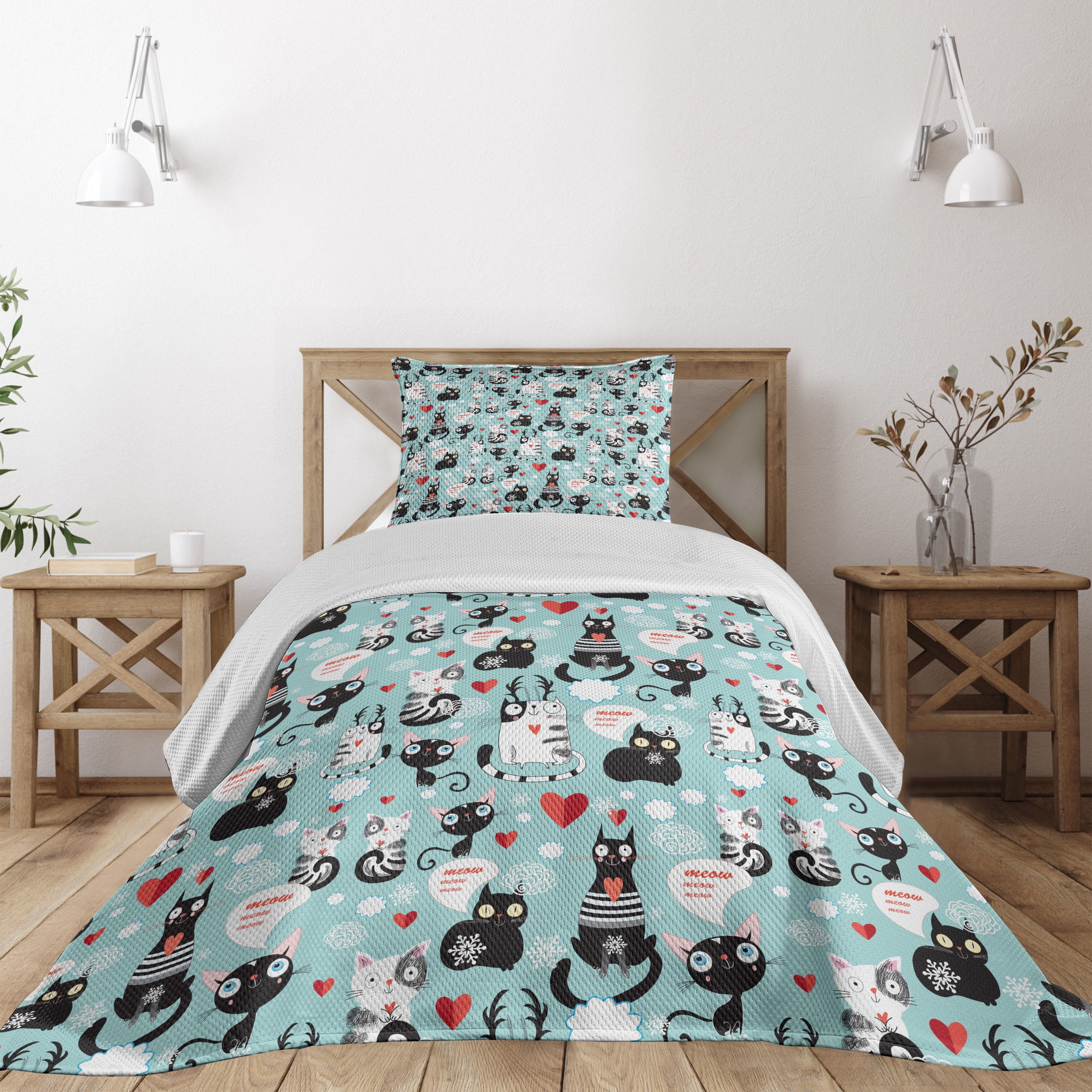 Kids Twin White and Multicolor Cat Bedspread Set
