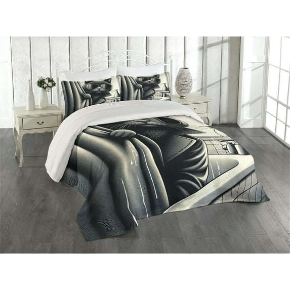 Ambesonne Cat Quilted Coverlet 3 Pcs, Cool Detective Kitty Monochrome, King Size, Dark Grey Pale Sepia