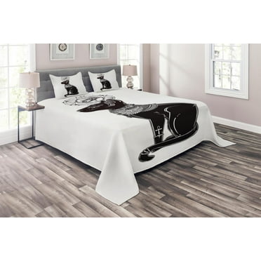 Ambesonne Cat Quilted Coverlet 3 Pcs, Egyptian Animal Motif, Queen Size, Black Grey