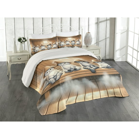Ambesonne Cat Quilted Coverlet 3 Pcs, Funny Kittens in Hats at Sauna, Queen Size, Pastel Brown and Pale Grey