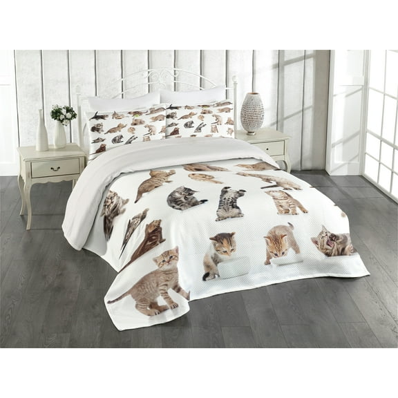 Ambesonne Cat Quilted Coverlet 3 Pcs, Funny Playful Cats Image, King Size, Brown Black White