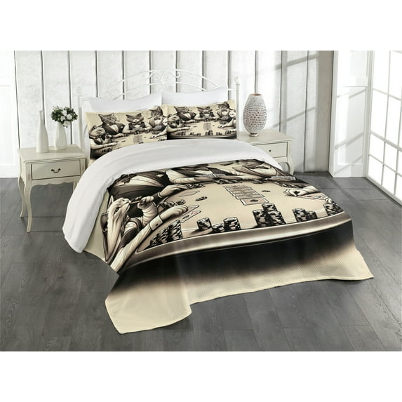 Ambesonne Cat Quilted Coverlet 3 Pcs, Gentleman Kitties Playing Poker, Queen Size, Ivory Dark Taupe