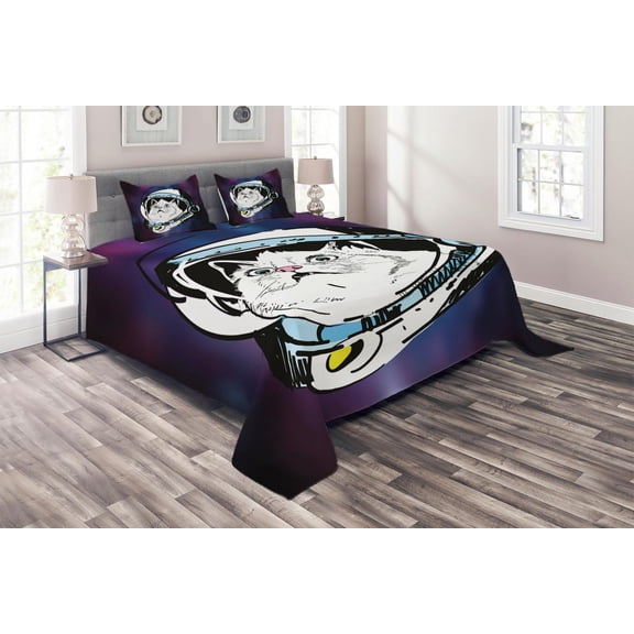 Ambesonne Cat Quilted Coverlet 3 Pcs, Kitten Astronaut Cosmic, King Size, Purple White