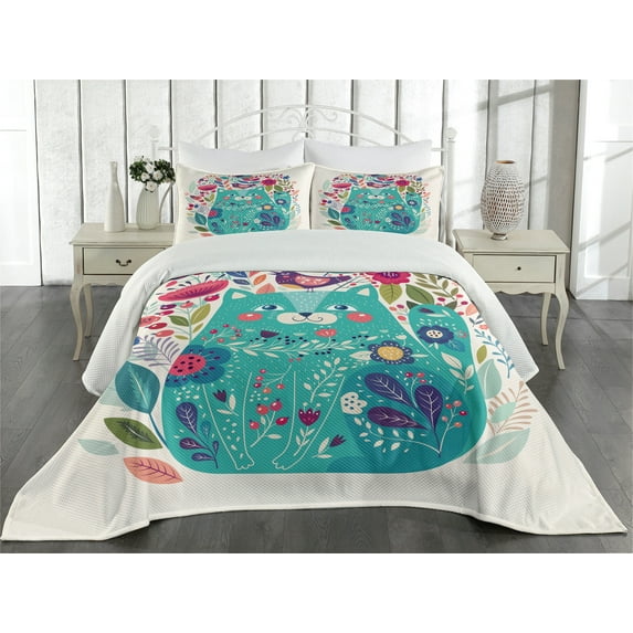 Ambesonne Cat Quilted Coverlet 3 Pcs, Kitty with Flower and Bird, Queen Size, Multicolor Seafoam