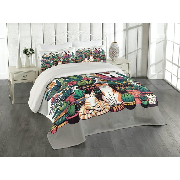 Ambesonne Cat Quilted Coverlet 3 Pcs, Modern Blooms Kitties Cozy Calm, Queen Size, Teal Pink and Purple