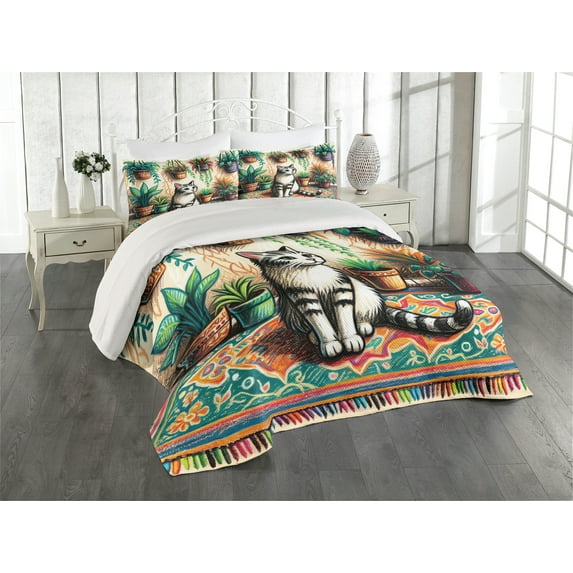 Ambesonne Cat Quilted Coverlet 3 Pcs, Painting Boho Cozy Scene Kitty, King Size, Jade Green Grey Orange