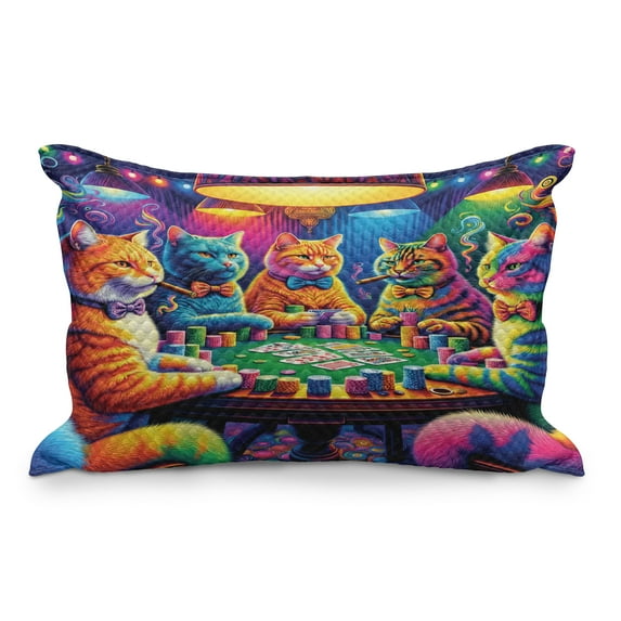 Ambesonne Cat Quilted Pillowcover, Colorful Kitties Play Poker, 36" x 20", Magenta Orange and Purple