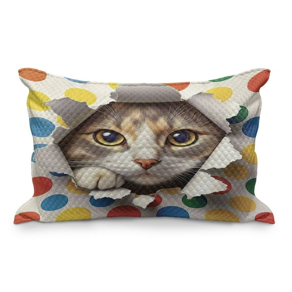 Ambesonne Cat Quilted Pillowcover, Mischief Kitty Peaking Dots, 30" x 20", Multicolor