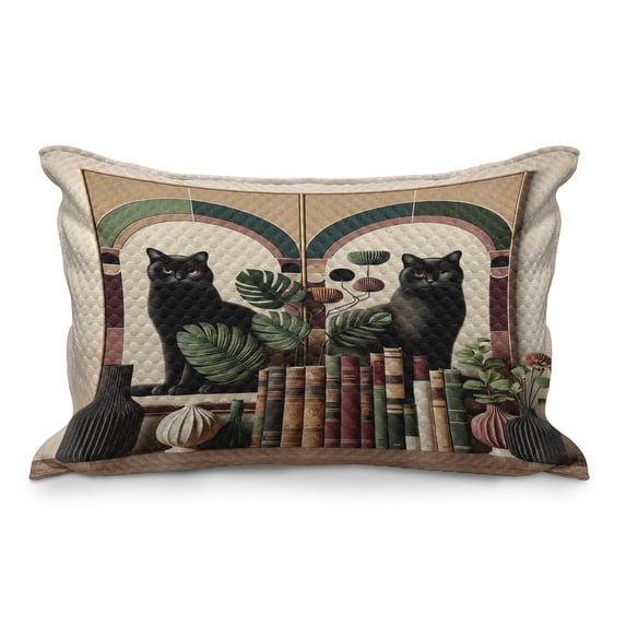Ambesonne Cat Quilted Pillowcover, Monstera Kitties Books Vases, 36" x 20", Sand Brown Maroon Green