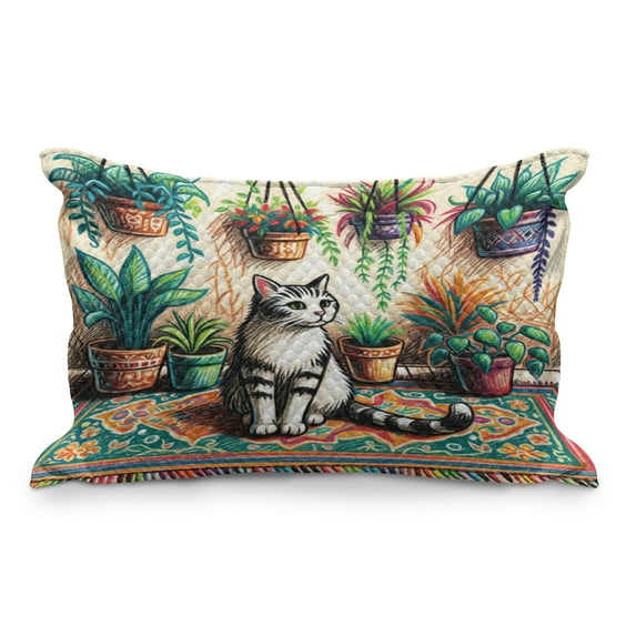 Ambesonne Cat Quilted Pillowcover, Painting Boho Cozy Scene Kitty, 36" x 20", Jade Green Grey Orange