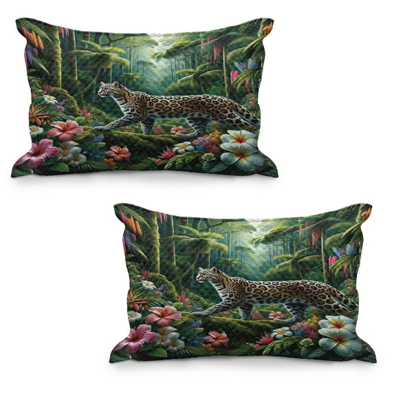 Ambesonne Cat Quilted Pillowcover Set of 2, Exotic Wild Floral Jungle Scene, 36" x 20", Green and Multicolor