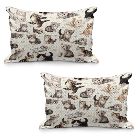 Ambesonne Cat Quilted Pillowcover Set of 2, Little Kittens Playful Poses, 30" x 20", Off White Taupe and Grey