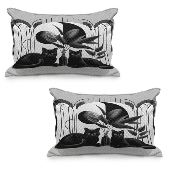 Ambesonne Cat Quilted Pillowcover Set of 2, Mid Century Modern Boho Kitties, 36" x 20", Pale Grey Charcoal Grey