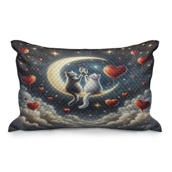 Ambesonne Cat Quilted Pillowcover, Toasting Romantic Moon Hearts, 36" x 20", Dark Night Blue Vermilion