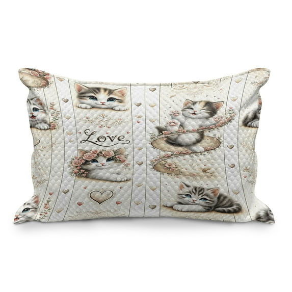 Ambesonne Cat Quilted Pillowcover, Vintage Smiling Blue Eyed Kitty, 36" x 20", Ivory Pale Brown Grey