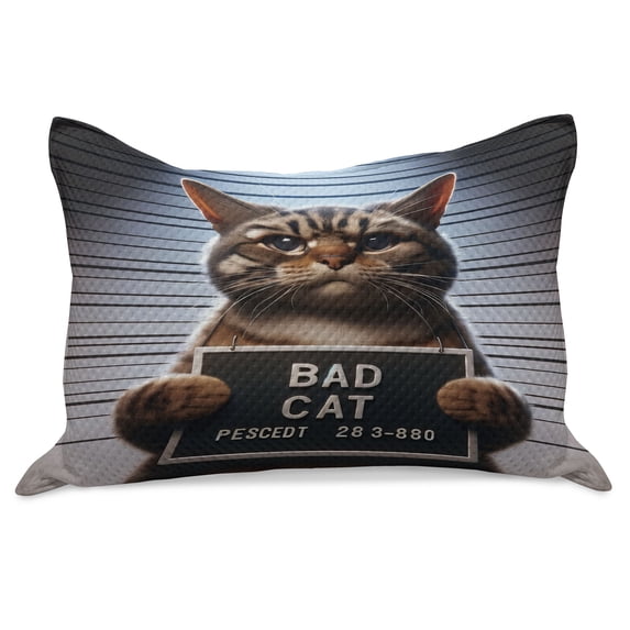Ambesonne Cat Knitted Quilt Pillowcover, Whimsical Bad Kitty Mug Shot, 36"x20", Umber and Pale Blue Grey