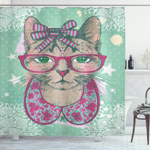 Ambesonne Cat Shower Curtain, Animal Fashion Hipster, 69"Wx84"L, Pink Mint Green