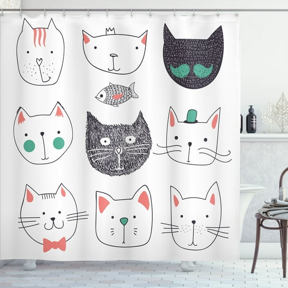 Ambesonne Cat Shower Curtain, Animals Humor Faces Pattern Art, 69"Wx70"L, Blush Brown