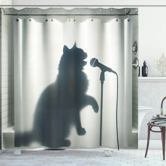 Ambesonne Cat Shower Curtain, Bath Shadow of a Singing Kitty, 69"Wx70"L, Dark Blue Grey Off White