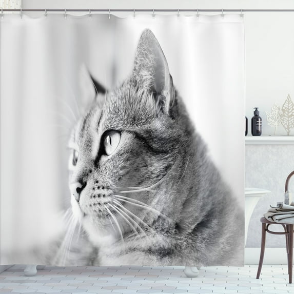 Ambesonne Cat Shower Curtain, Black and White Effect Kitten, 69"Wx84"L, Pale Grey