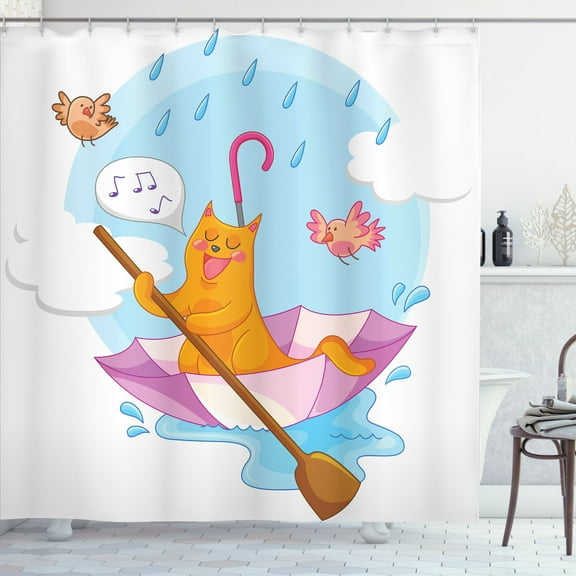 Ambesonne Cat Shower Curtain, Cartoon Animal Birds, 69"Wx75"L, Multicolor