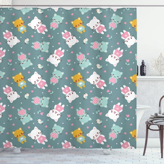 Ambesonne Cat Shower Curtain, Cartoon Kittens Birds Pattern, 69"Wx70"L, Pale Teal Multicolor