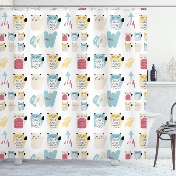 Ambesonne Cat Shower Curtain, Cartoon Kitty Paw Pets Drawings, 69"Wx84"L, Multicolor