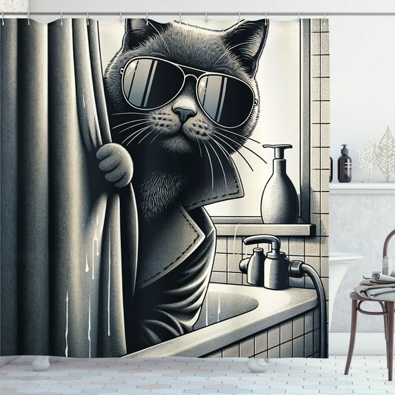 Ambesonne Cat Shower Curtain, Cool Detective Kitty Monochrome, 69"Wx70"L, Dark Grey Pale Sepia
