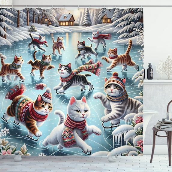 Ambesonne Cat Shower Curtain, Cottages Ice Skating Kitties, 69"Wx84"L, Soft Blue Burnt Orange