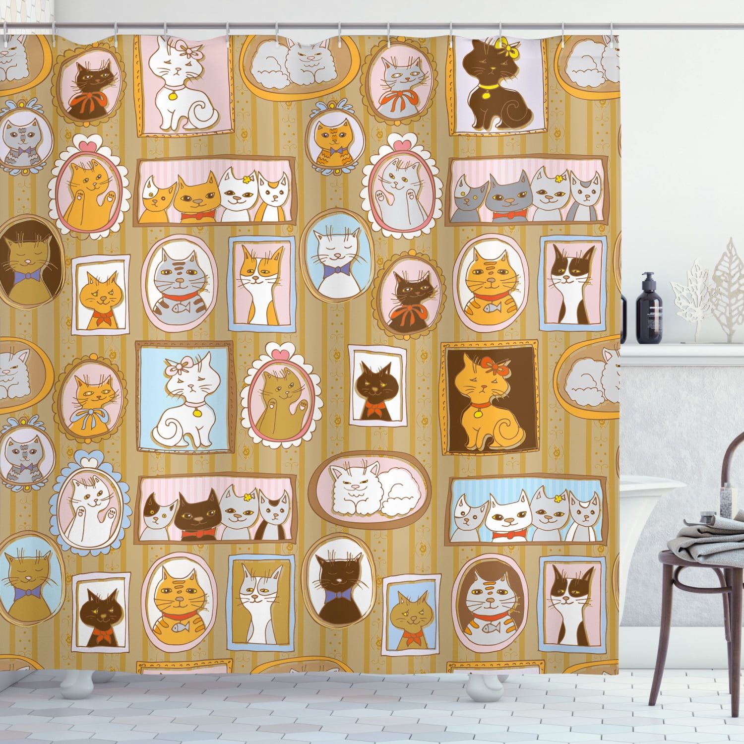 Ambesonne Cat Shower Curtain, Family Tree of Kitty Humor, 69"Wx70"L
