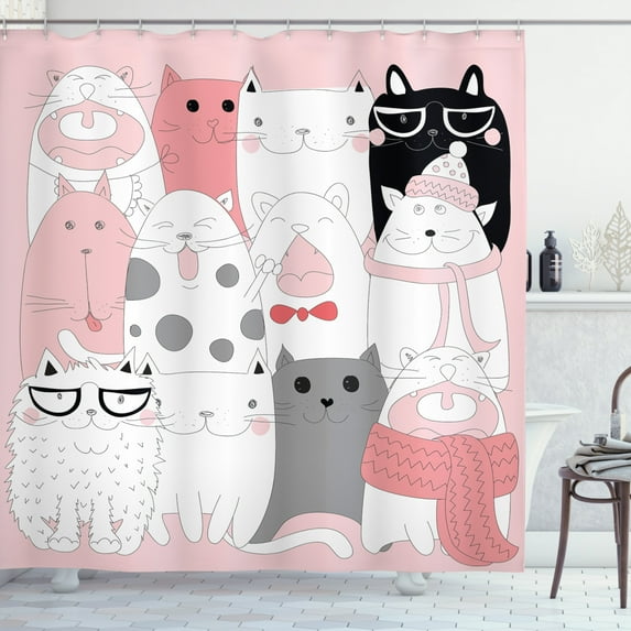 Ambesonne Cat Shower Curtain, Funny Kittens Humor Doodle, 69"Wx84"L, Pale Pink White Black