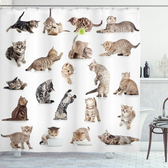 Ambesonne Cat Shower Curtain, Funny Playful Cats Image, 69"Wx84"L, Brown Black White
