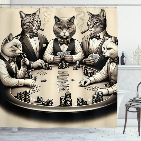 Ambesonne Cat Shower Curtain, Gentleman Kitties Playing Poker, 69"Wx75"L, Ivory Dark Taupe