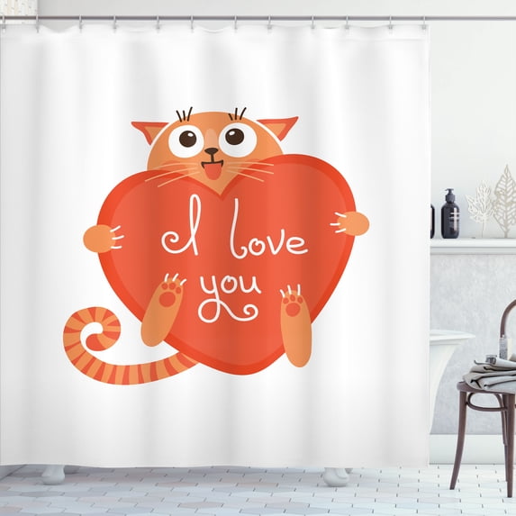 Ambesonne Cat Shower Curtain, Holding a Heart Valentine's Day, 69"Wx75"L, Vermilion Burnt Sienna