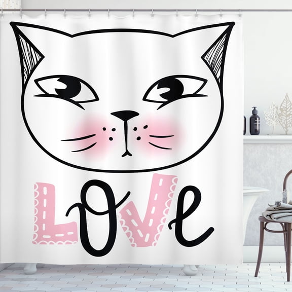 Ambesonne Cat Shower Curtain, Kitten Face and Love Typography, 69"Wx84"L, Pale Pink Dark Grey