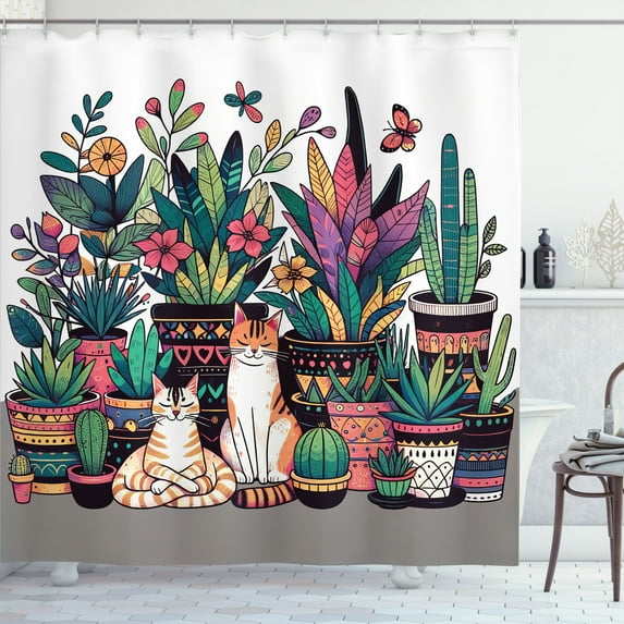 Ambesonne Cat Shower Curtain, Modern Blooms Kitties Cozy Calm, 69"Wx70"L, Teal Pink and Purple