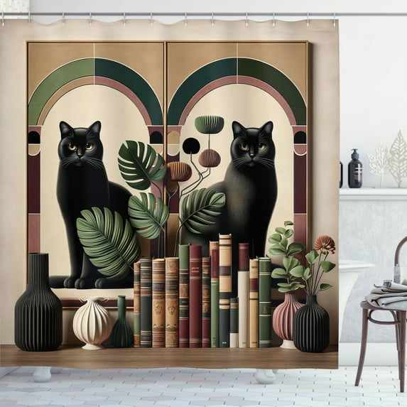 Ambesonne Cat Shower Curtain, Monstera Kitties Books Vases, 69"Wx70"L, Sand Brown Maroon Green