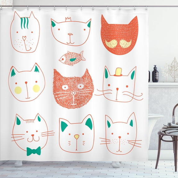 Ambesonne Cat Shower Curtain, Moustache Fish Faces Print Art, 69"Wx84"L, Burnt Sienna