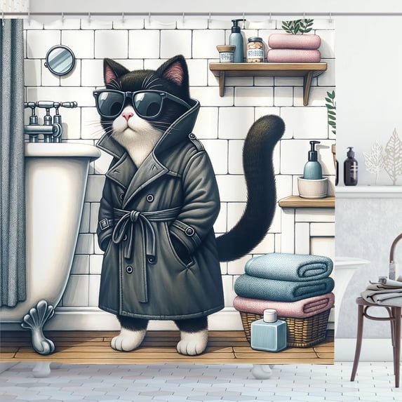 Ambesonne Cat Shower Curtain, Mysterious Detective Kitty Bath, 69"Wx75"L, Charcoal Grey White