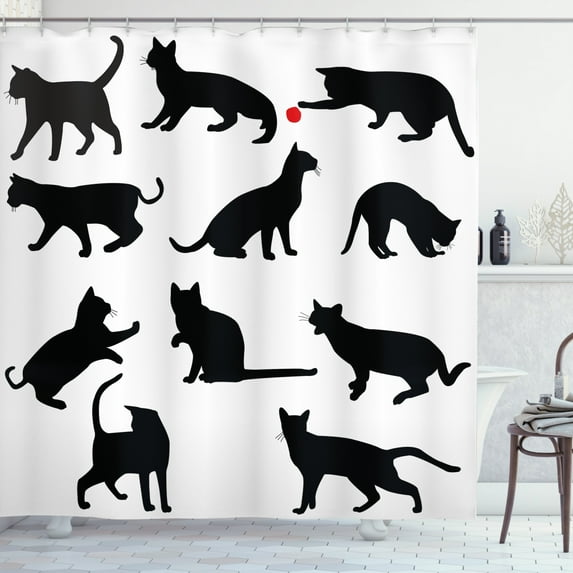 Ambesonne Cat Shower Curtain, Red Ball Animal Pet Kittens, 69"Wx84"L, Vermilion Black