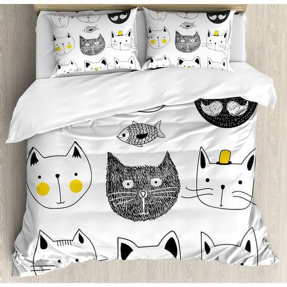 Ambesonne Cat Stylish Cats with Mouthache Duvet Cover Set